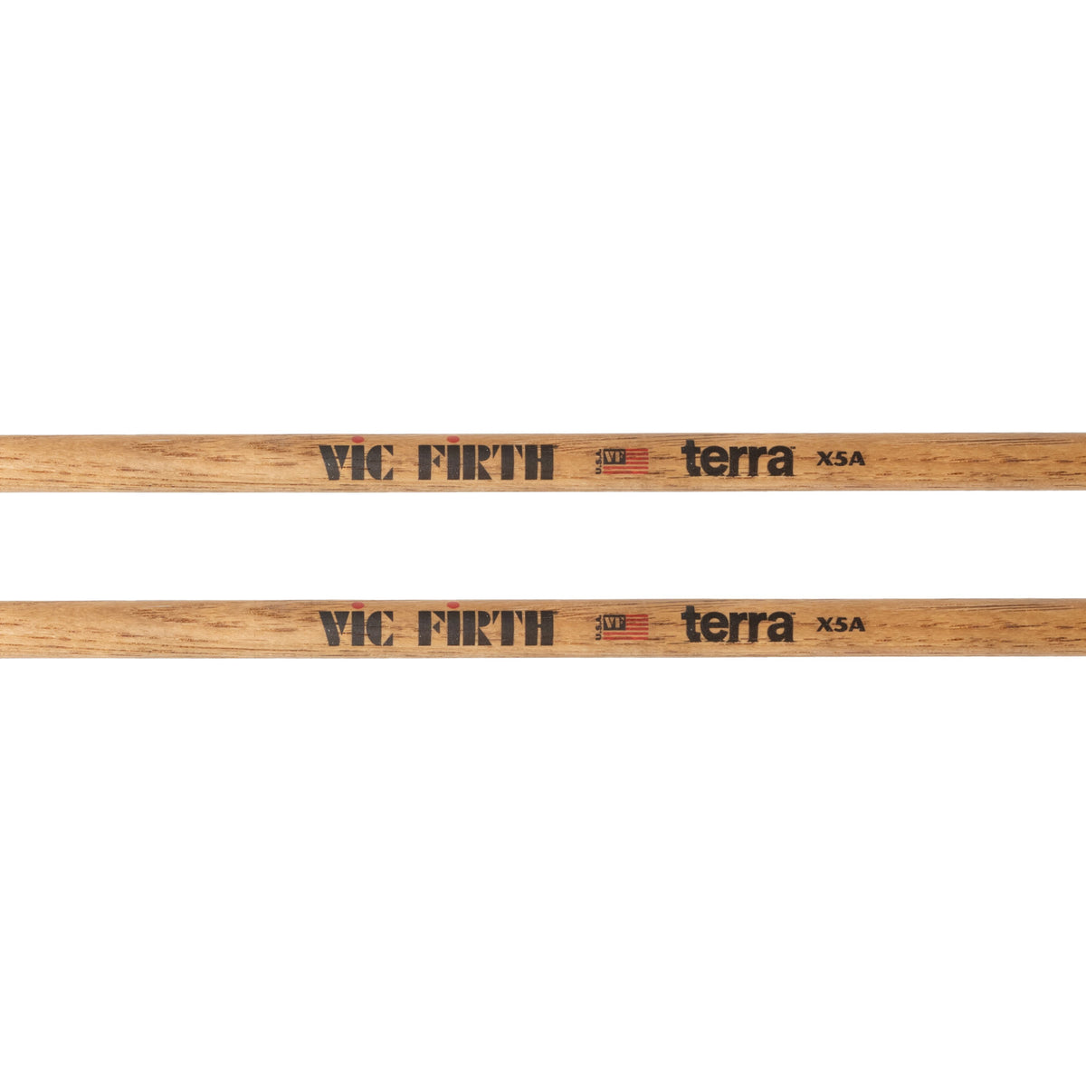 American Classic® X5AT Terra Series Drumsticks, Wood Tip logo and text detail.