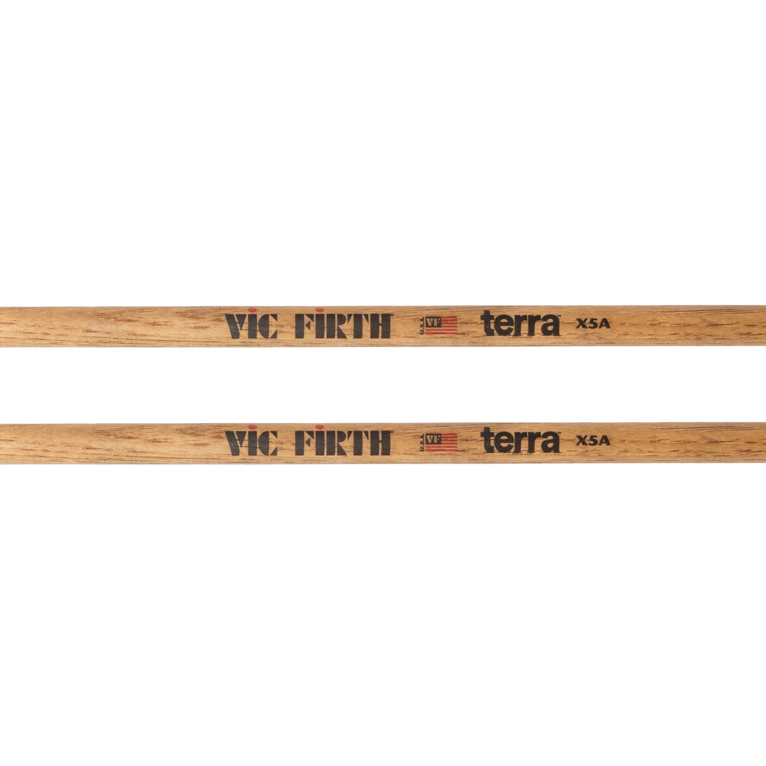 American Classic® X5AT Terra Series Drumsticks, Wood Tip logo and text detail.